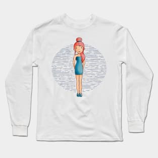 Cute girl with long red hair wearing a teal outfit and shoes. Long Sleeve T-Shirt